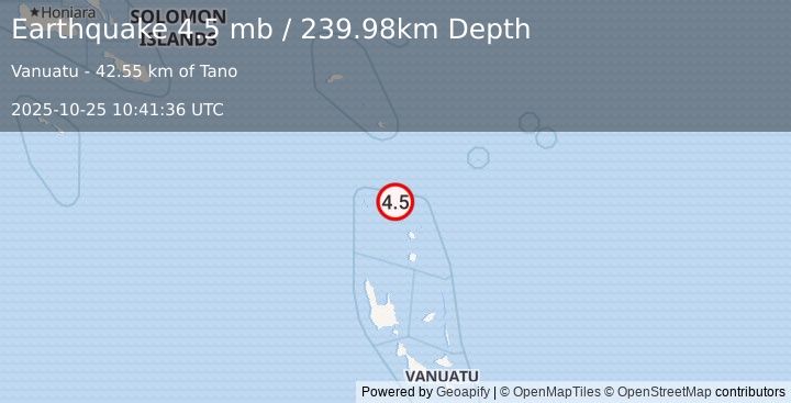 Earthquake 90 km NNW of Sola, Vanuatu (4.5 mb) (2025-10-25 10:41:36 UTC)