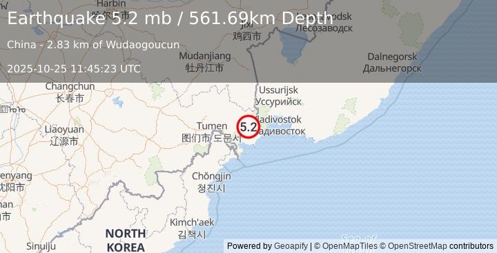 Earthquake 39 km NW of Slavyanka, Russia (5.2 mb) (2025-10-25 11:45:23 UTC)