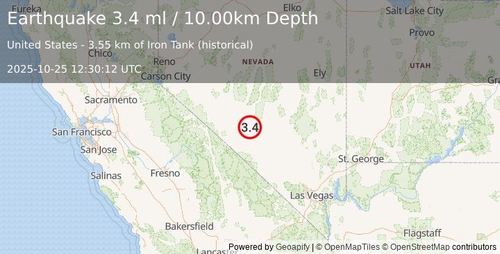 Earthquake 22 km SSE of Tonopah, Nevada (3.4 ml) (2025-10-25 12:30:12 UTC)