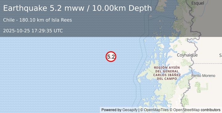 Earthquake Off the coast of Aisen, Chile (5.2 mww) (2025-10-25 17:29:35 UTC)