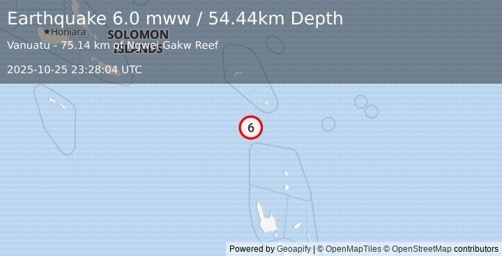 Earthquake 197 km SSE of Lata, Solomon Islands (6.0 mww) (2025-10-25 23:28:04 UTC)