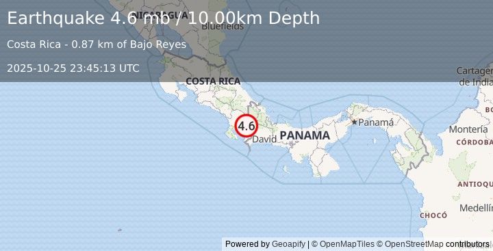 Earthquake 5 km NNW of San Vito, Costa Rica (4.6 mb) (2025-10-25 23:45:13 UTC)