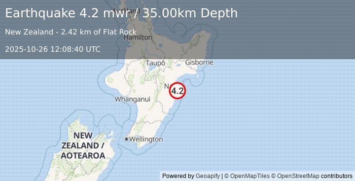 Earthquake 10 km ESE of Haumoana, New Zealand (4.2 mwr) (2025-10-26 12:08:40 UTC)