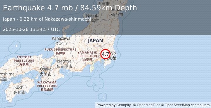 Earthquake 6 km N of Honchō, Japan (4.7 mb) (2025-10-26 13:34:57 UTC)