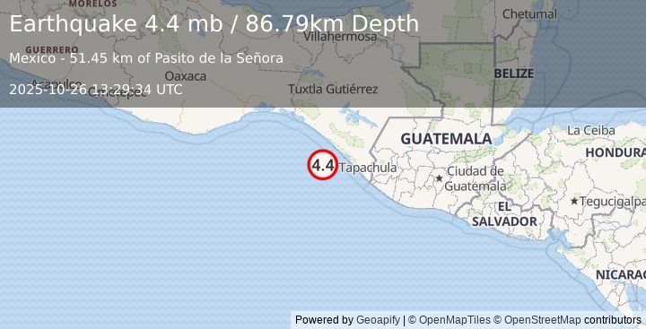 Earthquake 57 km SSW of La Esperanza (El Zapotal), Mexico (4.4 mb) (2025-10-26 13:29:34 UTC)
