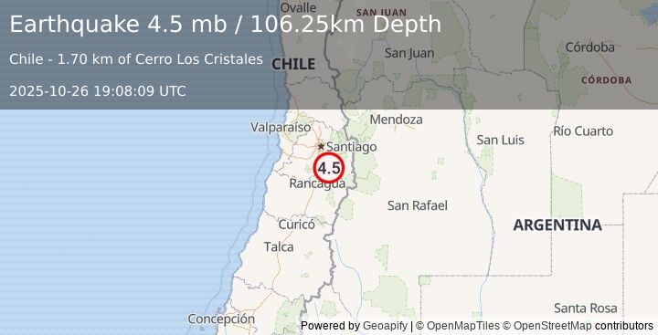 Earthquake 26 km ESE of Paine, Chile (4.5 mb) (2025-10-26 19:08:09 UTC)