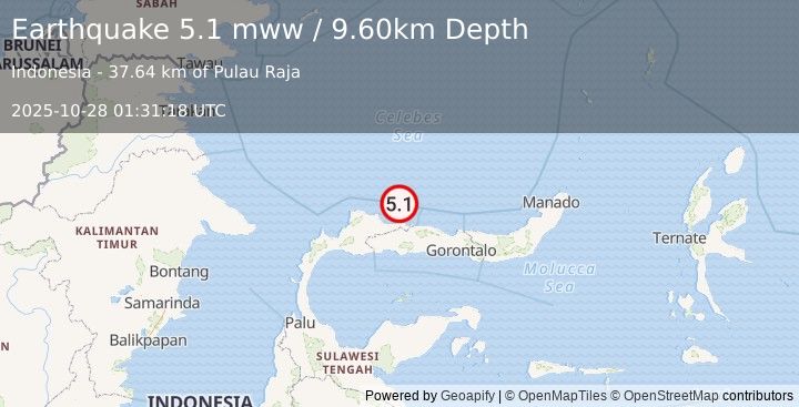 Earthquake 170 km NW of Gorontalo, Indonesia (5.1 mww) (2025-10-28 01:31:18 UTC)