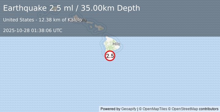 Earthquake 21 km SSE of Naalehu, Hawaii (2.5 ml) (2025-10-28 01:38:06 UTC)