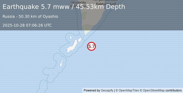 Earthquake 95 km ESE of Severo-Kuril’sk, Russia (5.7 mww) (2025-10-28 07:06:26 UTC)