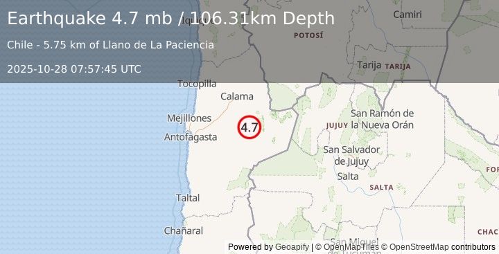 Earthquake 60 km SW of San Pedro de Atacama, Chile (4.7 mb) (2025-10-28 07:57:45 UTC)