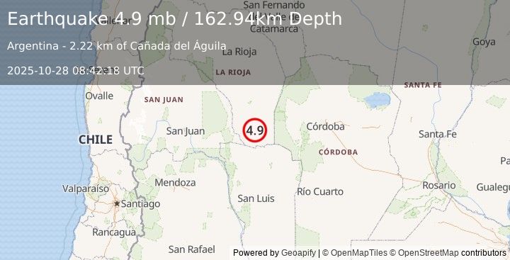 Earthquake 79 km NW of Candelaria, Argentina (4.9 mb) (2025-10-28 08:42:18 UTC)