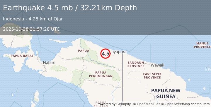 Earthquake 100 km W of Abepura, Indonesia (4.5 mb) (2025-10-28 21:57:28 UTC)