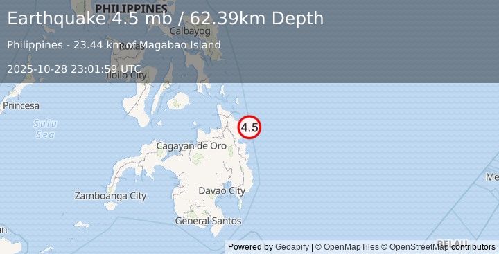 Earthquake 25 km ENE of Bacolod, Philippines (4.5 mb) (2025-10-28 23:01:59 UTC)