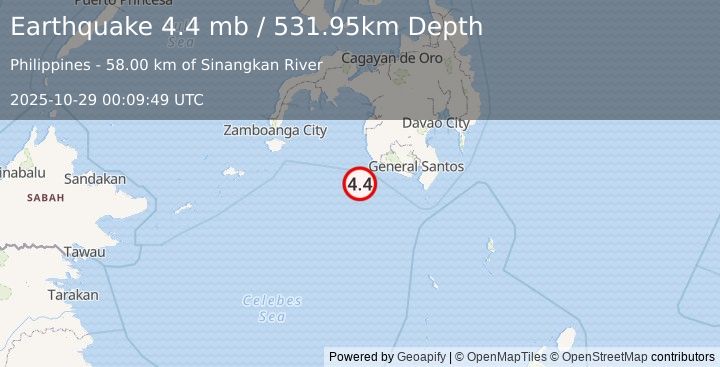 Earthquake 59 km SSW of Palimbang, Philippines (4.4 mb) (2025-10-29 00:09:49 UTC)