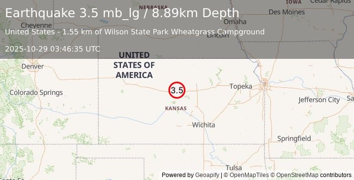 Earthquake 9 km NE of Dorrance, Kansas (3.5 mb_lg) (2025-10-29 03:46:35 UTC)
