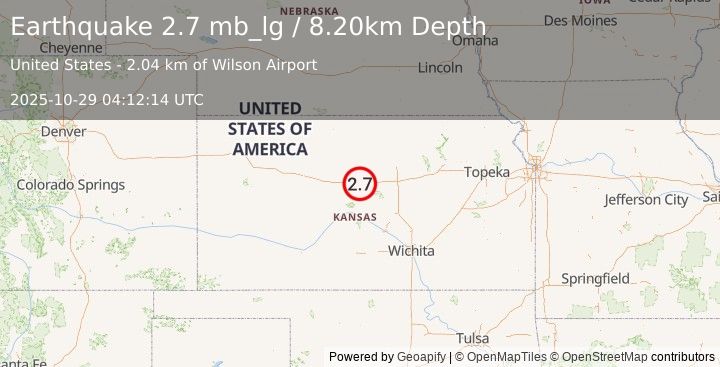 Earthquake 2 km NNE of Wilson, Kansas (2.7 mb_lg) (2025-10-29 04:12:14 UTC)