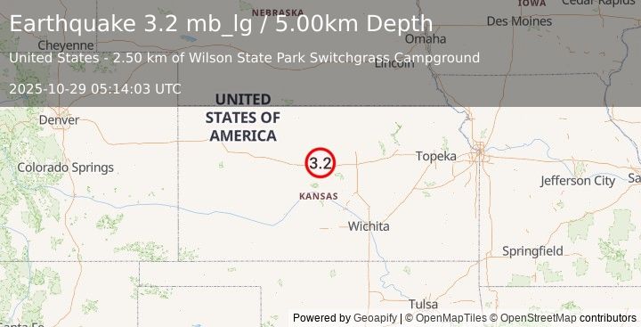 Earthquake 7 km NE of Dorrance, Kansas (3.2 mb_lg) (2025-10-29 05:14:03 UTC)