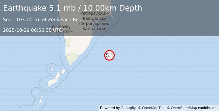 Earthquake 185 km SSE of Vilyuchinsk, Russia (5.1 mb) (2025-10-29 06:56:35 UTC)