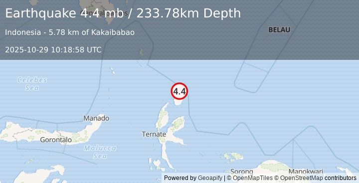 Earthquake 116 km NNE of Tobelo, Indonesia (4.4 mb) (2025-10-29 10:18:58 UTC)