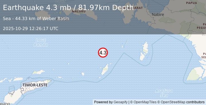 Earthquake 177 km WSW of Tual, Indonesia (4.3 mb) (2025-10-29 12:26:17 UTC)