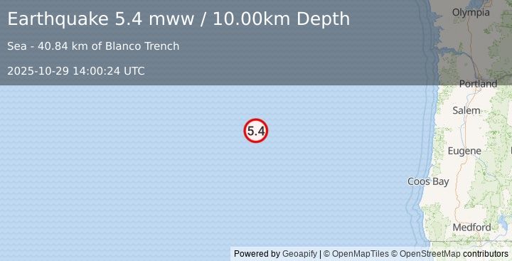Earthquake off the coast of Oregon (5.4 mww) (2025-10-29 14:00:24 UTC)