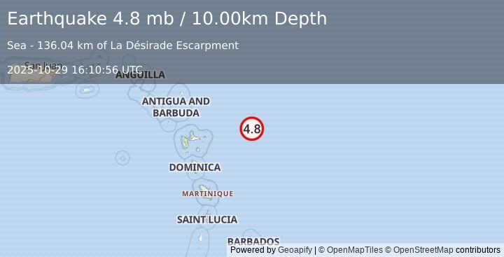 Earthquake 163 km E of Beauséjour, Guadeloupe (4.8 mb) (2025-10-29 16:10:56 UTC)
