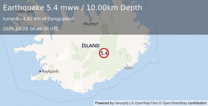 Earthquake 105 km WNW of Höfn, Iceland (5.4 mww) (2025-10-29 16:46:30 UTC)