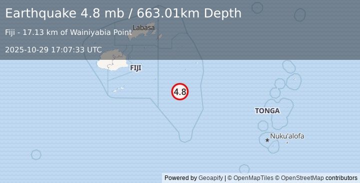 Earthquake 209 km ESE of Levuka, Fiji (4.8 mb) (2025-10-29 17:07:33 UTC)