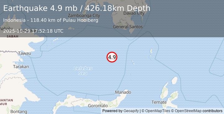 Earthquake 222 km SW of Sarangani, Philippines (4.9 mb) (2025-10-29 17:52:18 UTC)