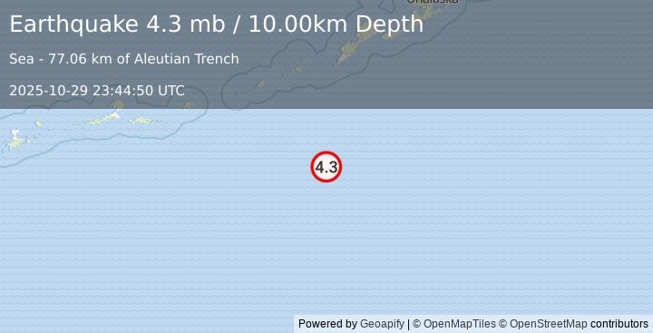 Earthquake 171 km S of Nikolski, Alaska (4.3 mb) (2025-10-29 23:44:50 UTC)