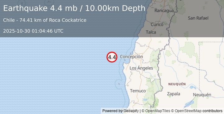 Earthquake 107 km WNW of Arauco, Chile (4.4 mb) (2025-10-30 01:04:46 UTC)