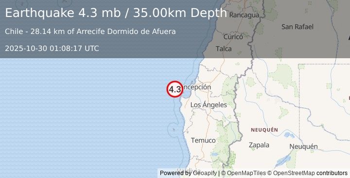 Earthquake 61 km NW of Arauco, Chile (4.3 mb) (2025-10-30 01:08:17 UTC)