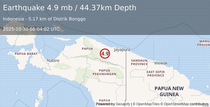 Earthquake 137 km WSW of Abepura, Indonesia (4.9 mb) (2025-10-30 08:04:02 UTC)