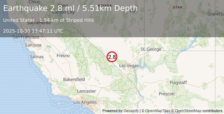 Earthquake 47 km SE of Beatty, Nevada (2.8 ml) (2025-10-30 13:47:11 UTC)