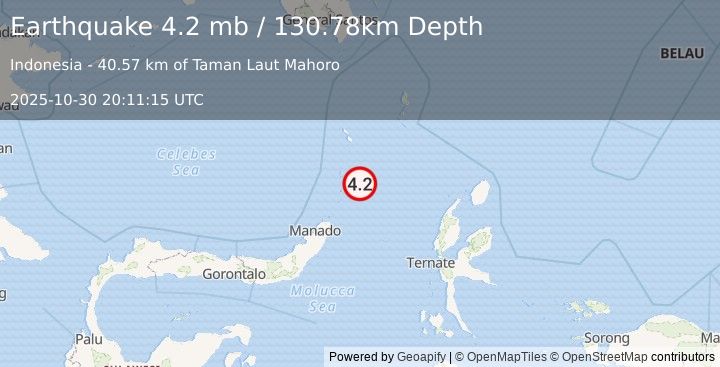 Earthquake 142 km NNE of Bitung, Indonesia (4.2 mb) (2025-10-30 20:11:15 UTC)
