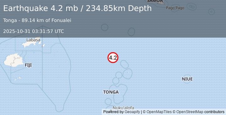 Earthquake 159 km NW of Neiafu, Tonga (4.2 mb) (2025-10-31 03:31:57 UTC)