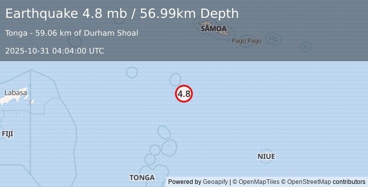 Earthquake 72 km SE of Hihifo, Tonga (4.8 mb) (2025-10-31 04:04:00 UTC)