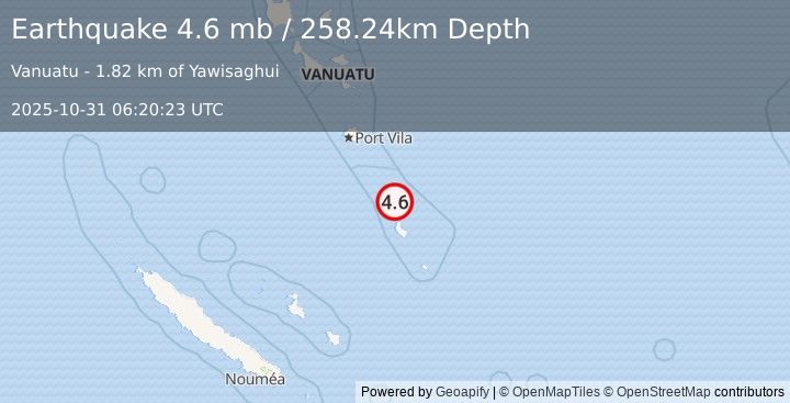 Earthquake 65 km N of Isangel, Vanuatu (4.6 mb) (2025-10-31 06:20:23 UTC)