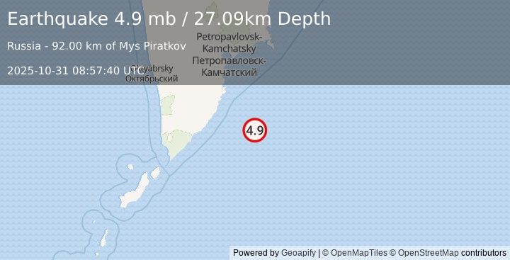 Earthquake 166 km SSE of Vilyuchinsk, Russia (4.9 mb) (2025-10-31 08:57:40 UTC)