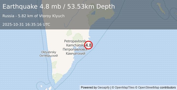 Earthquake 79 km E of Petropavlovsk-Kamchatsky, Russia (4.8 mb) (2025-10-31 16:35:16 UTC)