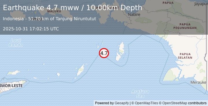 Earthquake 89 km SE of Tual, Indonesia (4.7 mww) (2025-10-31 17:02:15 UTC)
