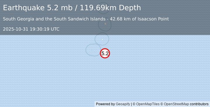 Earthquake South Sandwich Islands region (5.2 mb) (2025-10-31 19:30:19 UTC)