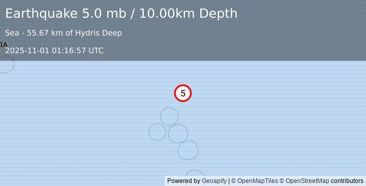 Earthquake South Sandwich Islands region (5.0 mb) (2025-11-01 01:16:57 UTC)