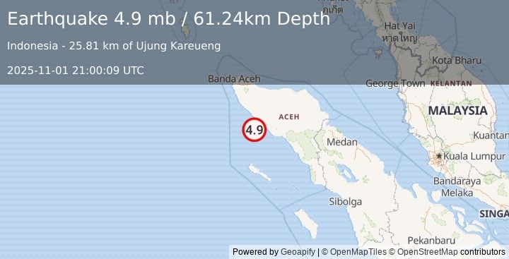 Earthquake 27 km SW of Meulaboh, Indonesia (4.9 mb) (2025-11-01 21:00:09 UTC)