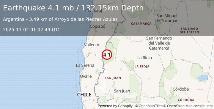 Earthquake 130 km ESE of Vallenar, Chile (4.1 mb) (2025-11-02 01:02:49 UTC)