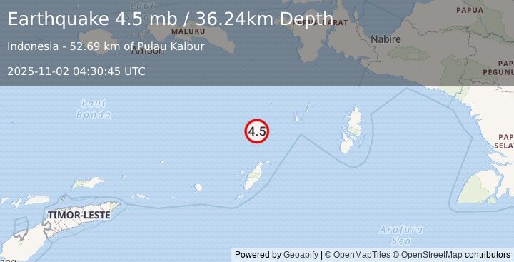Earthquake 147 km WSW of Tual, Indonesia (4.5 mb) (2025-11-02 04:30:45 UTC)