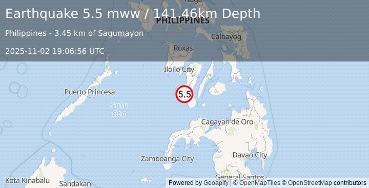Earthquake 13 km SW of Mabinay, Philippines (5.5 mww) (2025-11-02 19:06:56 UTC)