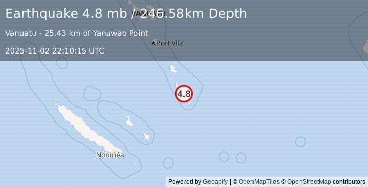 Earthquake 41 km SE of Isangel, Vanuatu (5.0 mb) (2025-11-02 22:10:14 UTC)
