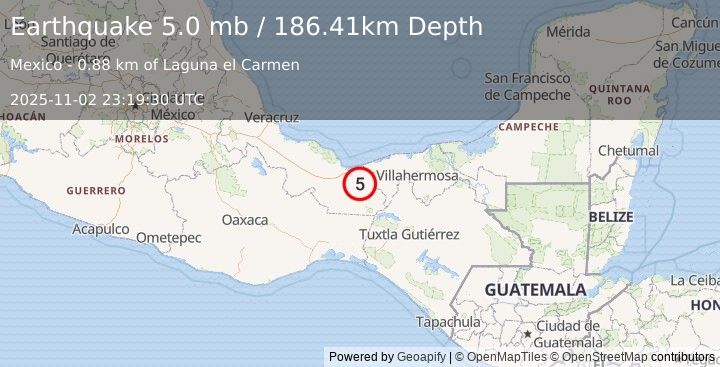 Earthquake 15 km SW of Las Choapas, Mexico (5.0 mb) (2025-11-02 23:19:30 UTC)