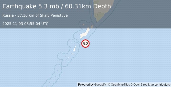 Earthquake 106 km SSW of Severo-Kuril’sk, Russia (5.3 mb) (2025-11-03 03:55:04 UTC)